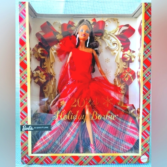 Barbie Signature 2024 Holiday Barbie Doll Red Plaid Dress Brown Hair - Picture 9 of 9